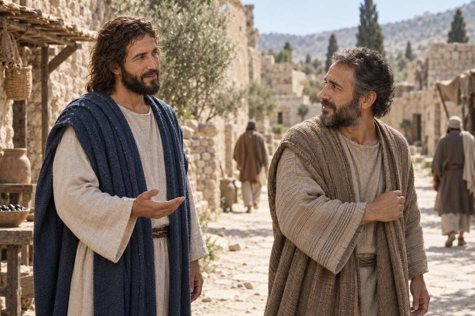 Jesus speaks with a concerned father on a village lane as the man prepares to return home.