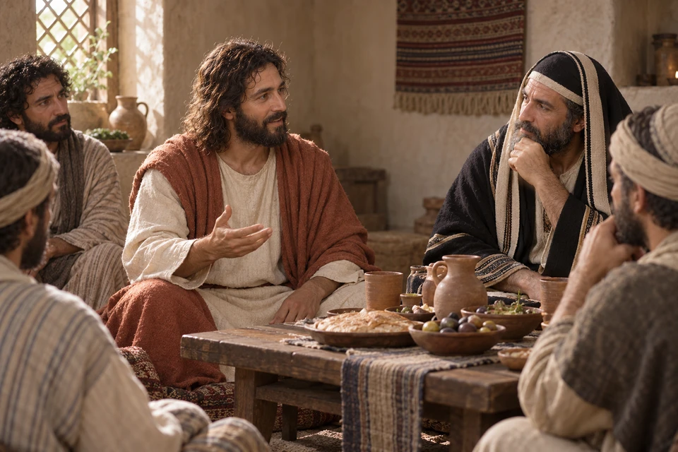 Jesus speaks to His host across a low dining table while other guests listen.