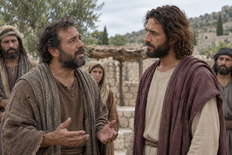 A tearful father speaks to Jesus while people stand quietly behind them.