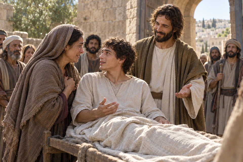 Jesus stands beside a young man sitting upright on a bier as his mother comes close to receive him.