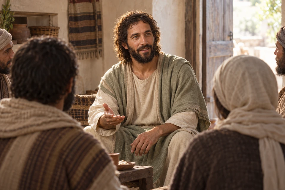 Jesus looks around a seated circle of listeners inside a house.