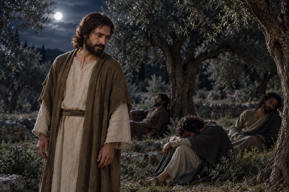 Jesus returning from prayer and pausing near sleeping disciples beneath olive trees.