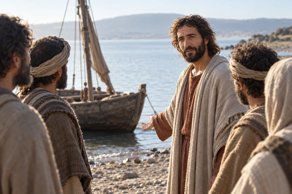 Jesus inviting weary disciples toward a boat on a quiet shore.
