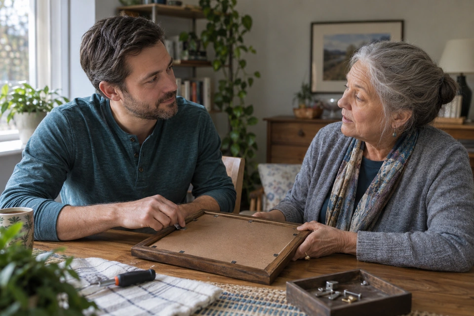 Two adults repairing the back of a picture frame together at a table.