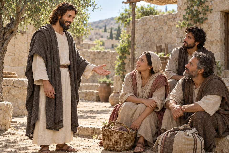 Jesus speaks gently with three adult listeners who have paused beside a stone courtyard wall.