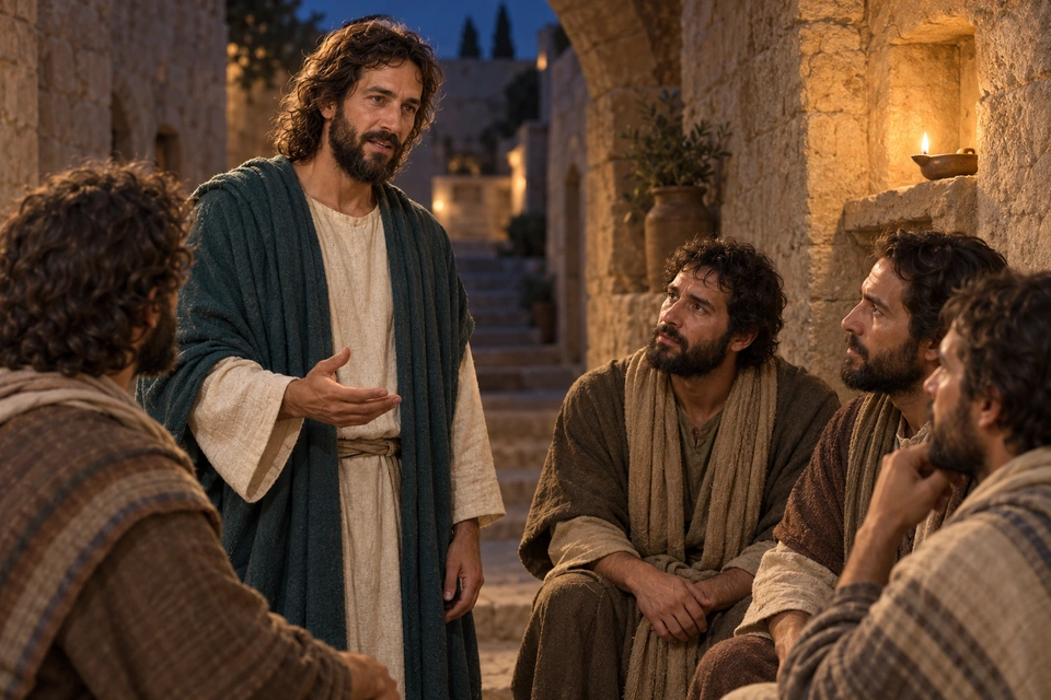 Jesus addresses attentive disciples in a softly lit stone passage after dusk.