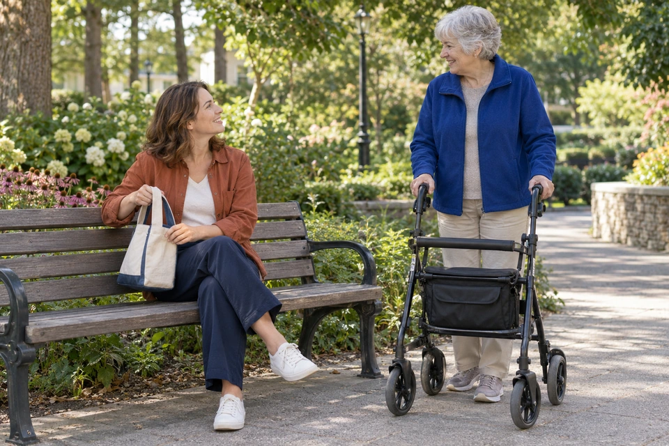 A seated woman lifts her bag to make room while a woman with a rollator pauses beside the bench.
