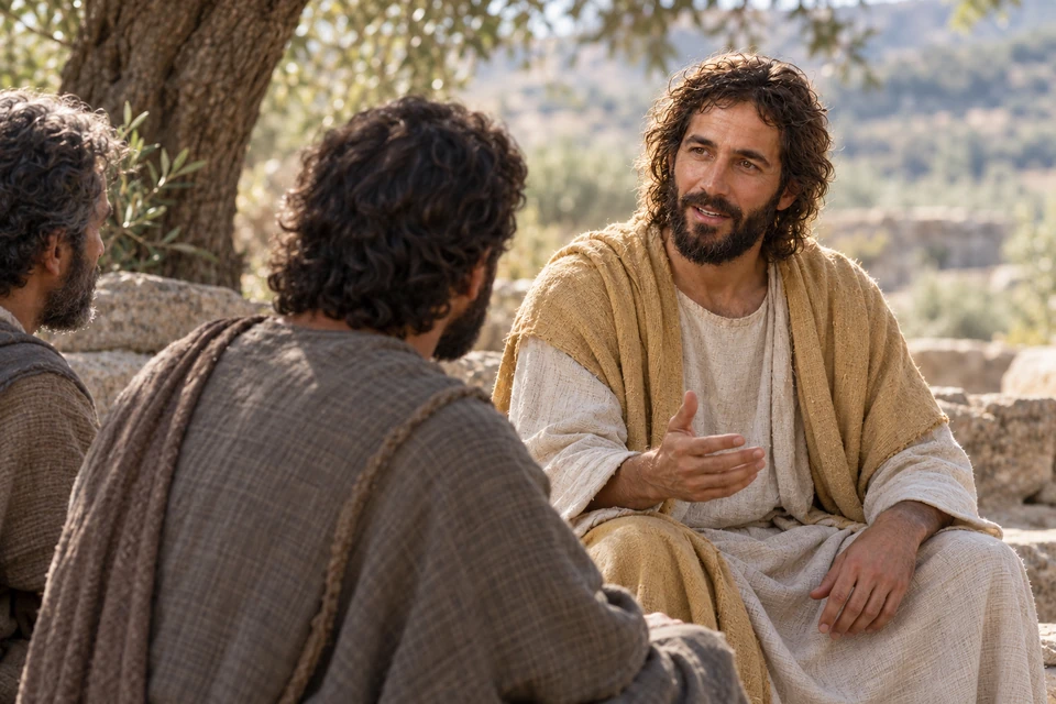 Jesus speaks with seated disciples after prayer, wearing an ochre mantle.