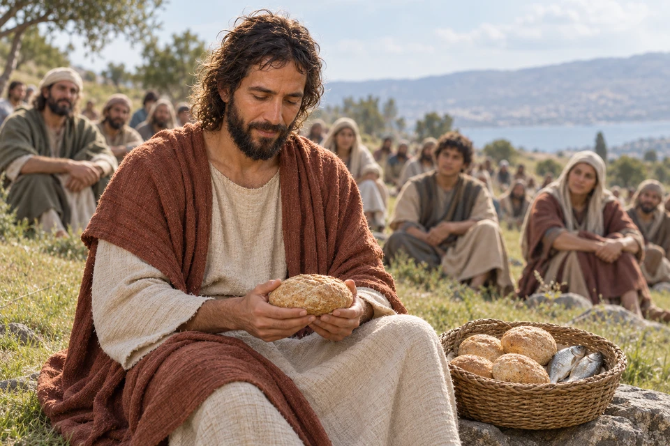Jesus holds barley bread as He gives thanks, with seated listeners on a grassy hillside behind Him.