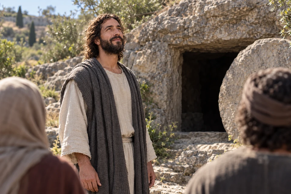 Jesus lifts His eyes in thanksgiving beside the opened tomb of Lazarus.