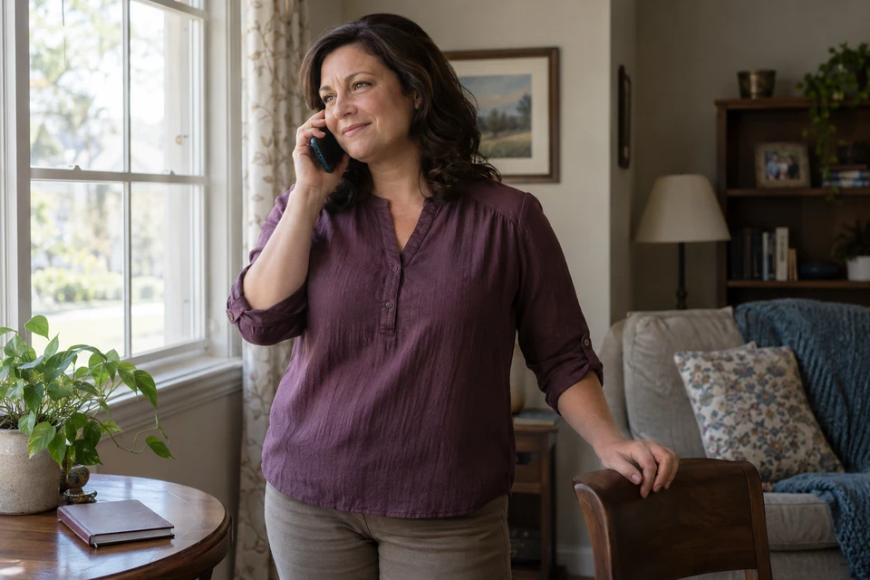 A woman makes a phone call at home while a closed notebook rests on a nearby table.