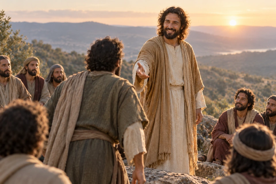 Jesus calling disciples toward Him on a hillside in morning light.