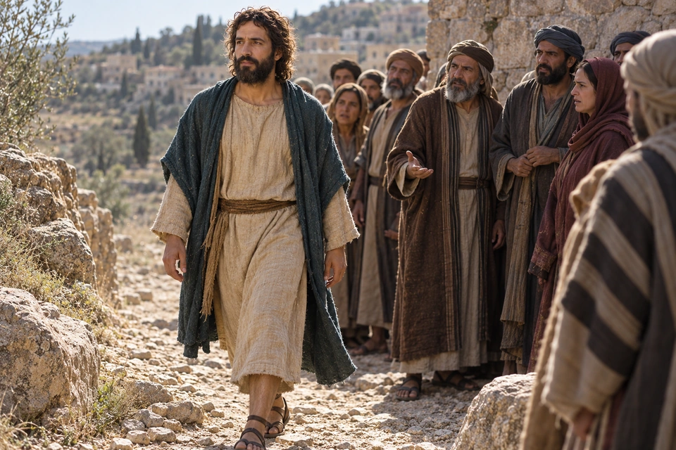 Jesus walking through a divided gathering on a rocky path outside Nazareth.