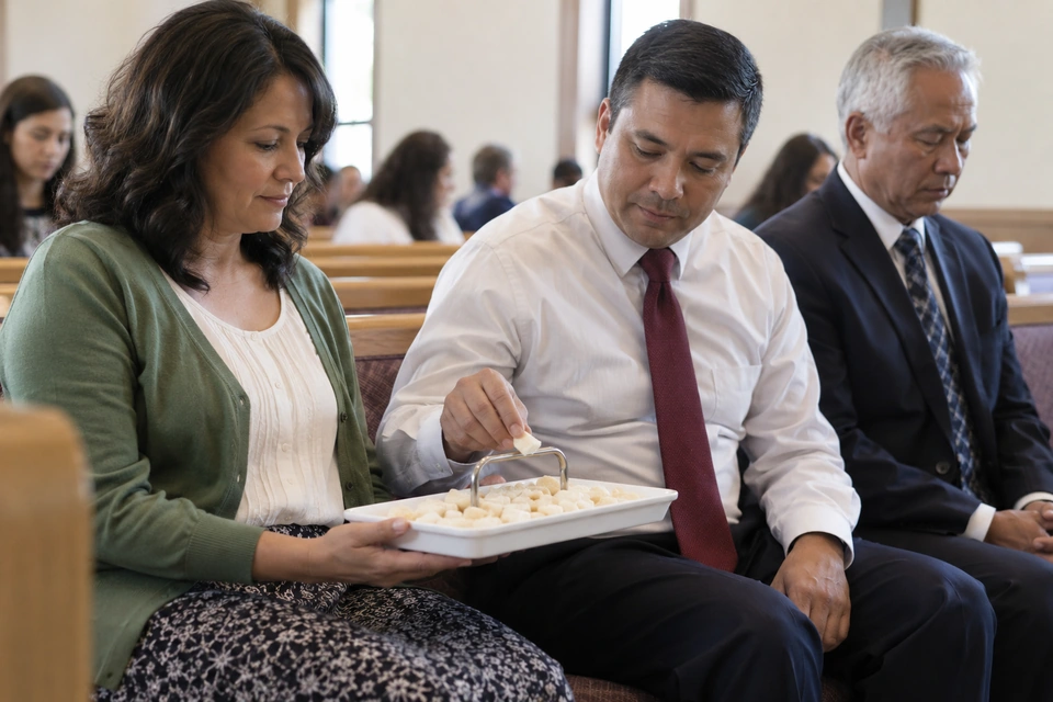 Adults quietly receiving sacrament bread in a chapel pew.