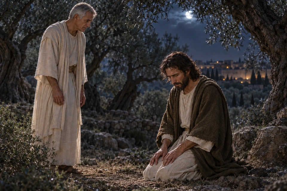 Jesus kneeling in prayer as an angel stands nearby in an olive grove.