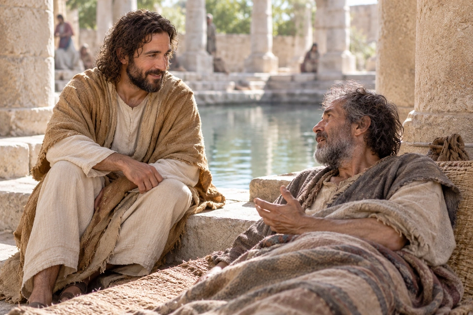 Jesus listening beside a man reclining on a mat near a pool.
