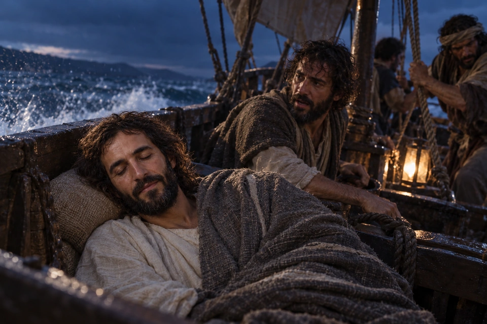 Jesus asleep on a cushion in the stern of a boat as waves rise nearby.