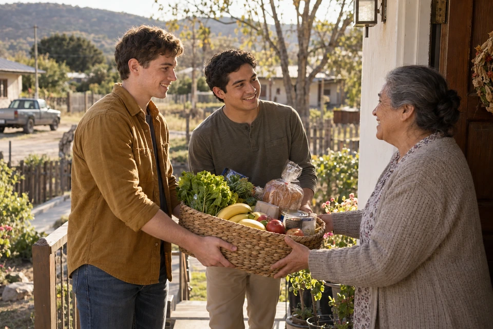 Two young adult men bring a basket of groceries to an older woman at her doorway.