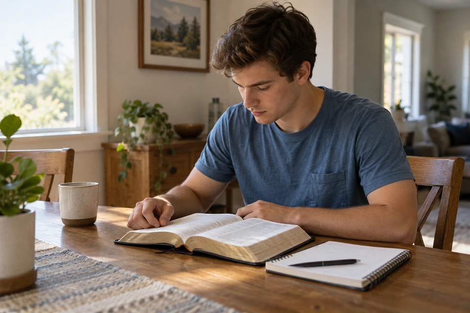 A young adult reads an open scripture book beside his notebook.