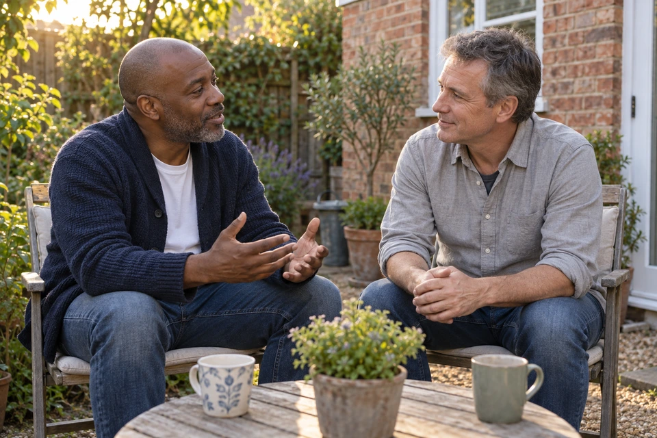 Two men sit in a garden, one speaking while the other listens.