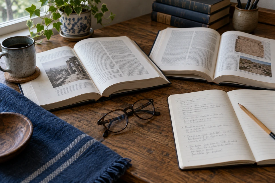 Open reference books, notes, a pencil, and glasses lie on a reading desk.
