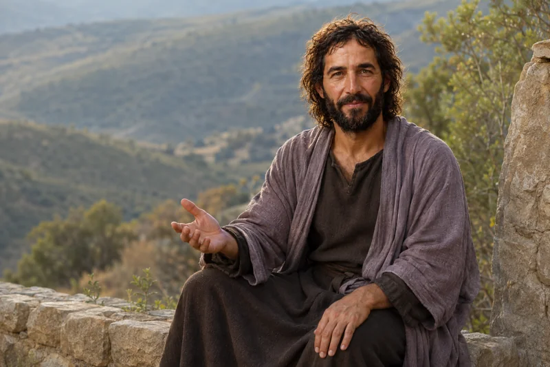 Jesus Christ seated on a stone ledge, teaching with an open hand