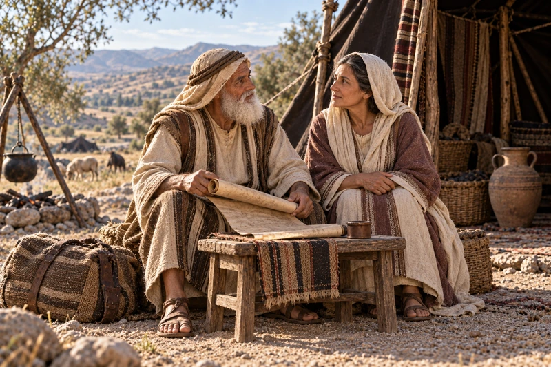 Abraham holds an open scroll while Sarah sits beside him and listens.