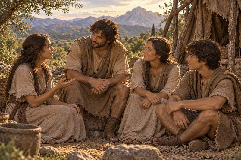 Adam and Eve listen and speak with a son and daughter beside a shelter.