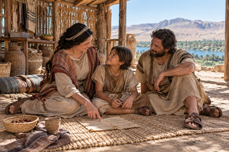 A woman points to a written record while a child and a man listen beside her.