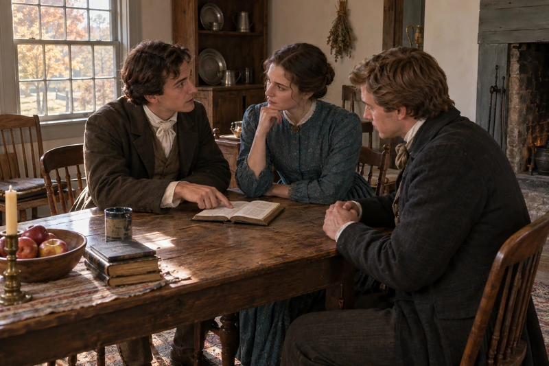 Three early Latter-day Saint readers discuss an open printed book at a wooden table.