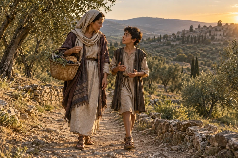 A woman carrying a basket listens to a boy as they walk along a hillside path.
