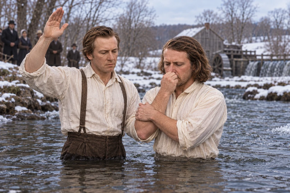 Eleazer Miller raises his right hand beside Brigham Young in a snowy millstream before baptism.