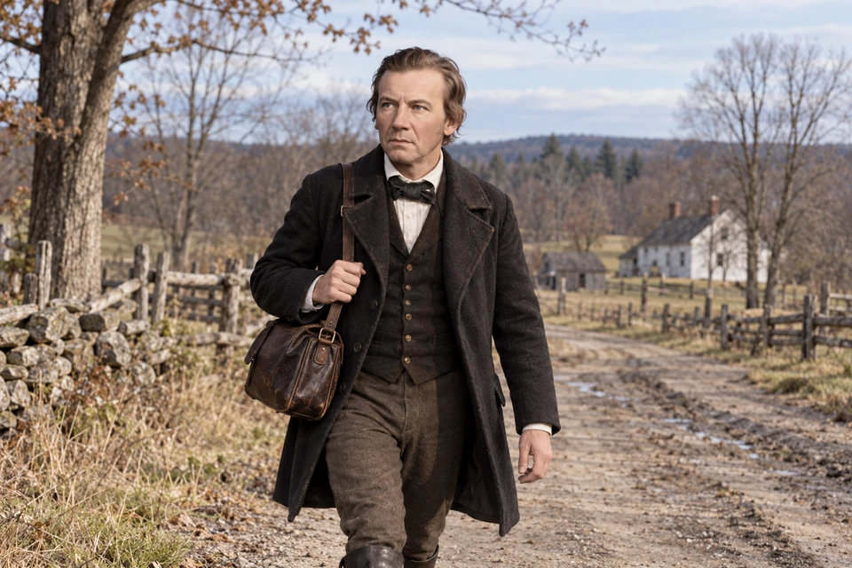 Eleazer Miller walks along a country road carrying a traveling bag.