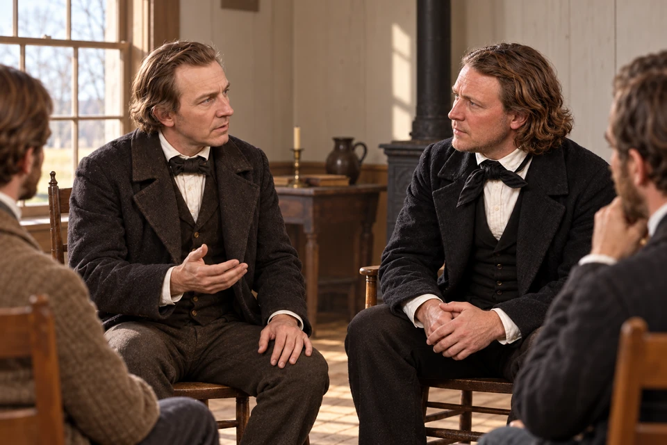 Eleazer Miller speaks to Brigham Young across a table as other listeners sit nearby.