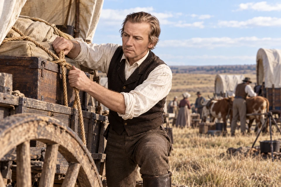 Eleazer Miller tightens a rope around supplies on a wagon while other travelers prepare nearby.