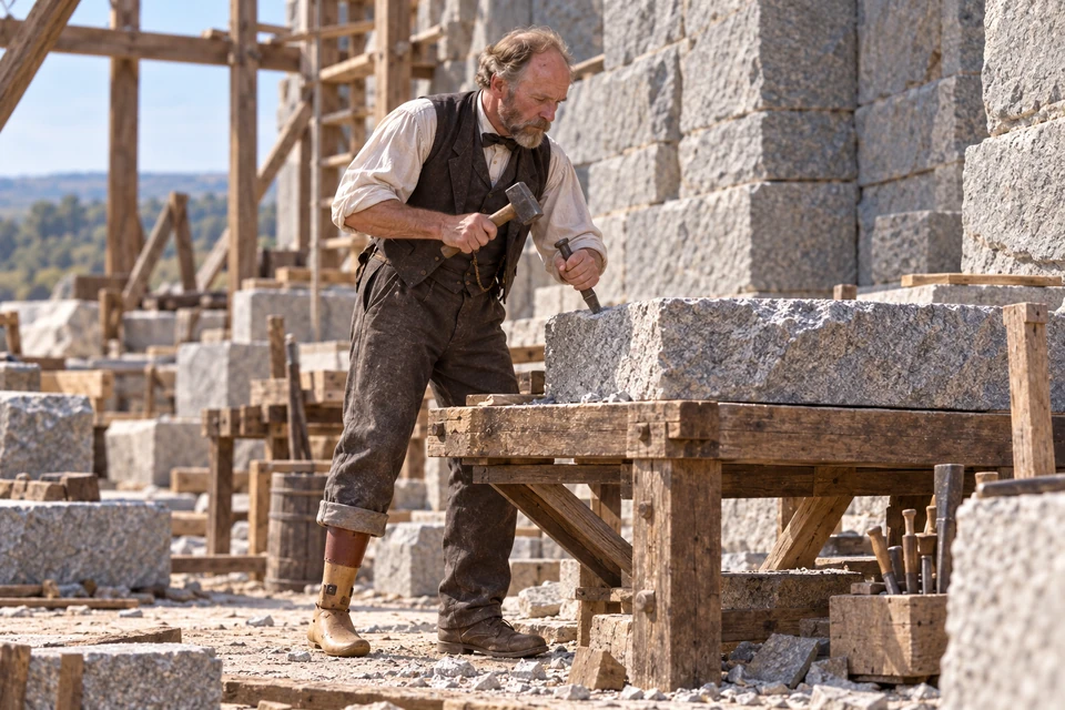 John Rowe Moyle stands at a granite block with a wooden prosthesis visible below one trouser leg.