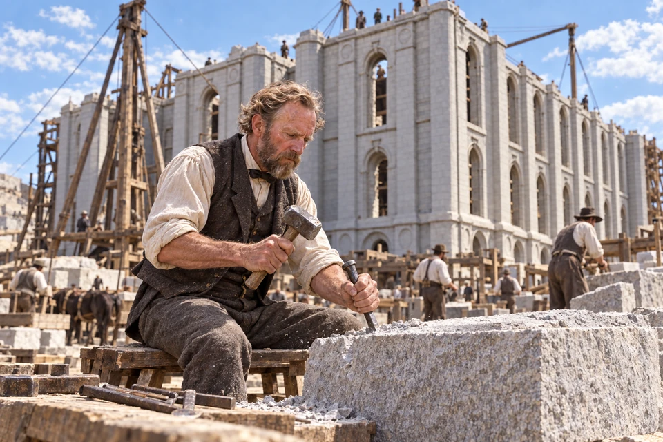 John Rowe Moyle works a granite block with hammer and chisel before the unfinished Salt Lake Temple.
