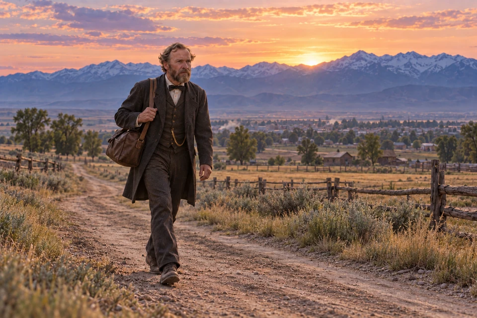 John Rowe Moyle walks a dirt road with a shoulder bag above a valley settlement beneath a brightening mountain sky.