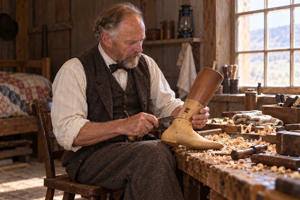 An older John Rowe Moyle shapes a wooden prosthetic leg at a workbench.