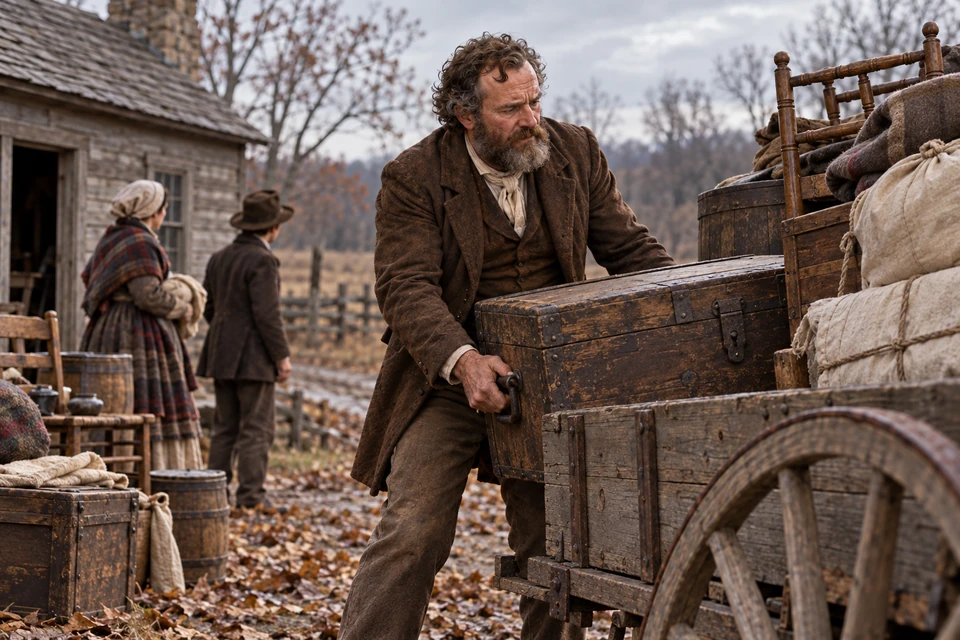 John Tanner grips a trunk among packed household belongings.