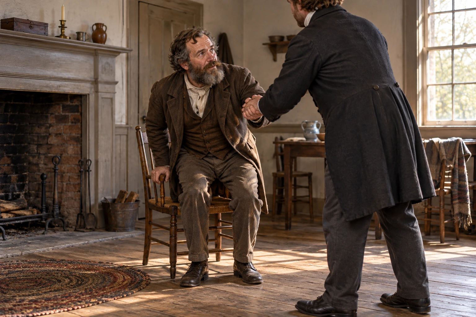 John Tanner rises beside a chair while another man steadies him by the hand.
