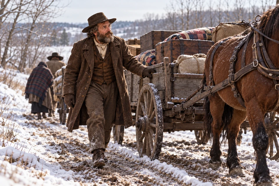 John Tanner walks beside a wagon through a snowy landscape.