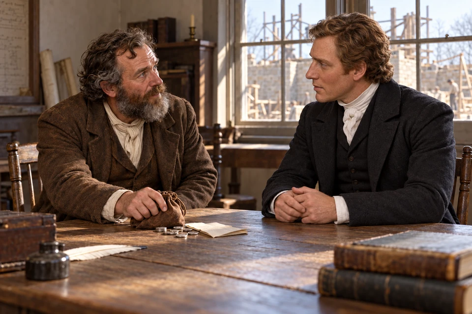 John Tanner and Joseph Smith meet across a desk, with coins and papers before them and construction beyond the window.