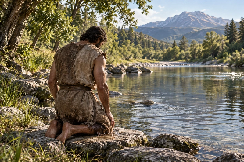 Adam kneels beside the water with bowed head after his baptism.