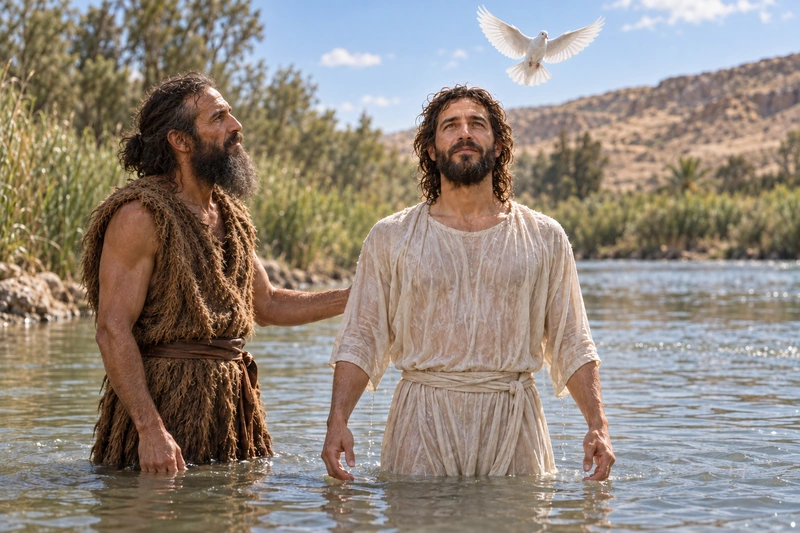 Jesus looks upward beside John in the Jordan as a dove descends above Him.