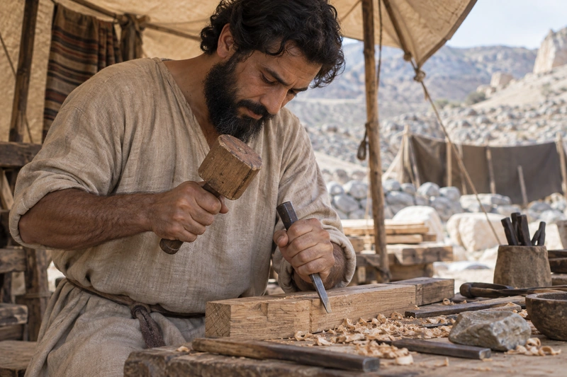 Bezalel concentrates on carving timber with a chisel and wooden mallet.