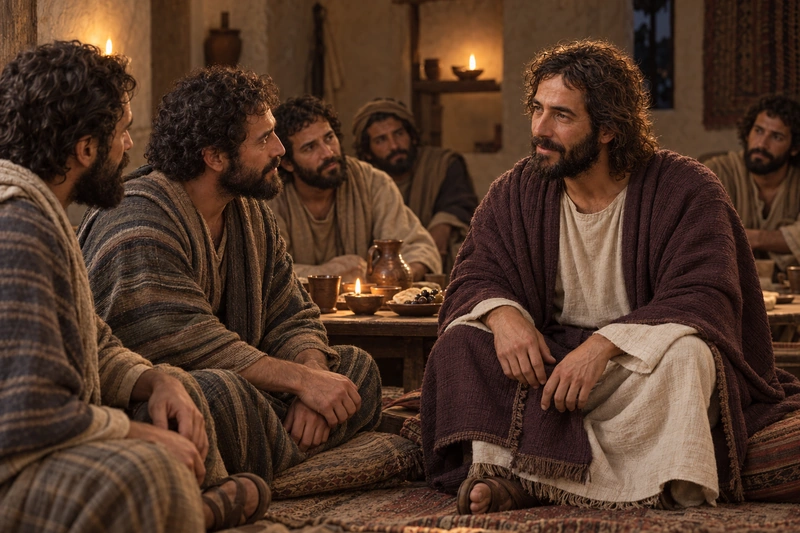 Jesus teaches His disciples in a lamplit room during His farewell teaching.