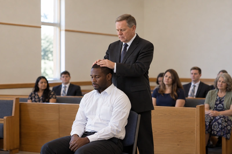 A seated man receives a confirmation as a priesthood holder rests both hands on his head.