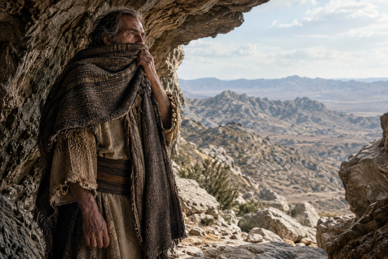 Elijah holds his mantle over his face at the entrance to a mountain cave.