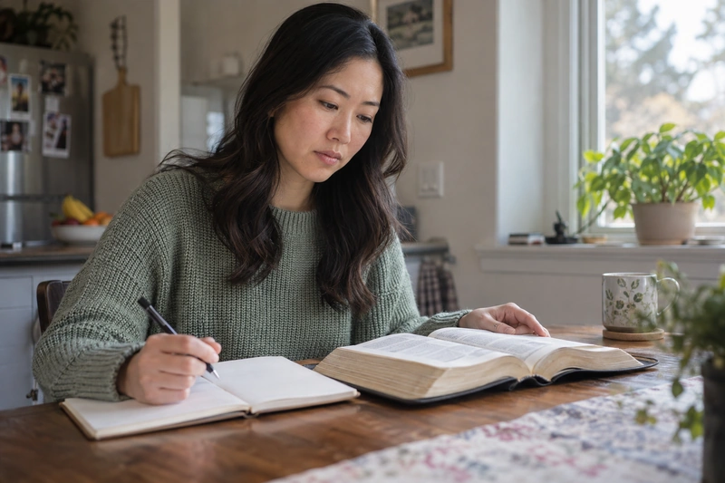 A woman pauses over open scriptures and a notebook during personal study.